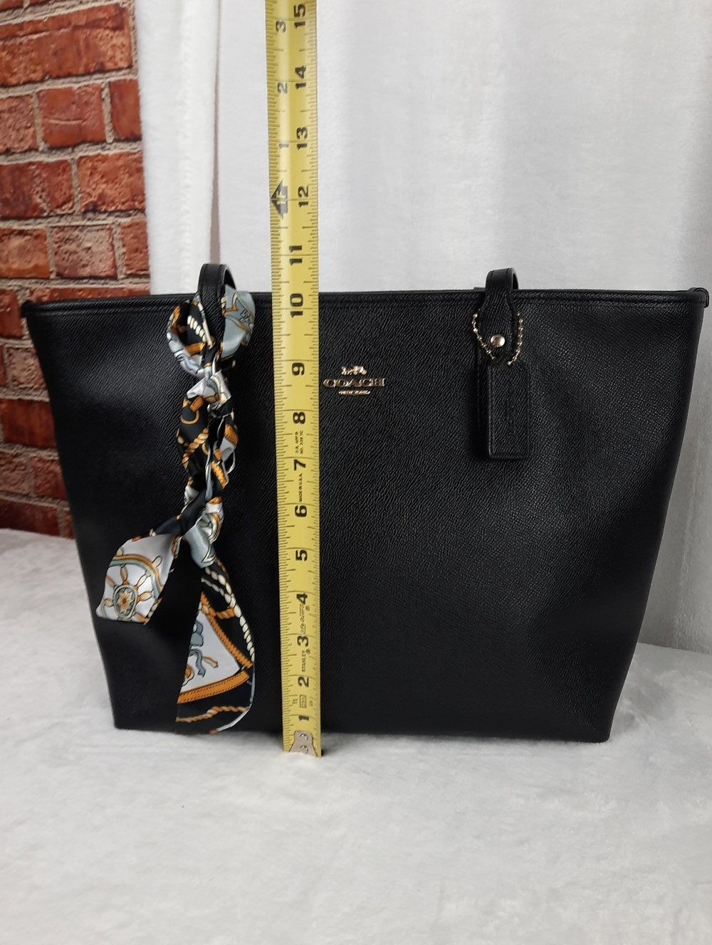 Coach Black Saffiano Leather Tote with Patterned Scarf Accent - Picture 8 of 11